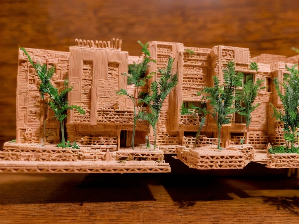 there are four miniature model buildings made of wood and plants, section model, architectural model, detailed clay model, center model buildings, miniature model, with vegetation, diorama model, detailed model, highly detailed model, 3d printed building, clay model, backside of scenography elements, perspective view, concept model, building cover with plant, buildings covered with greebles