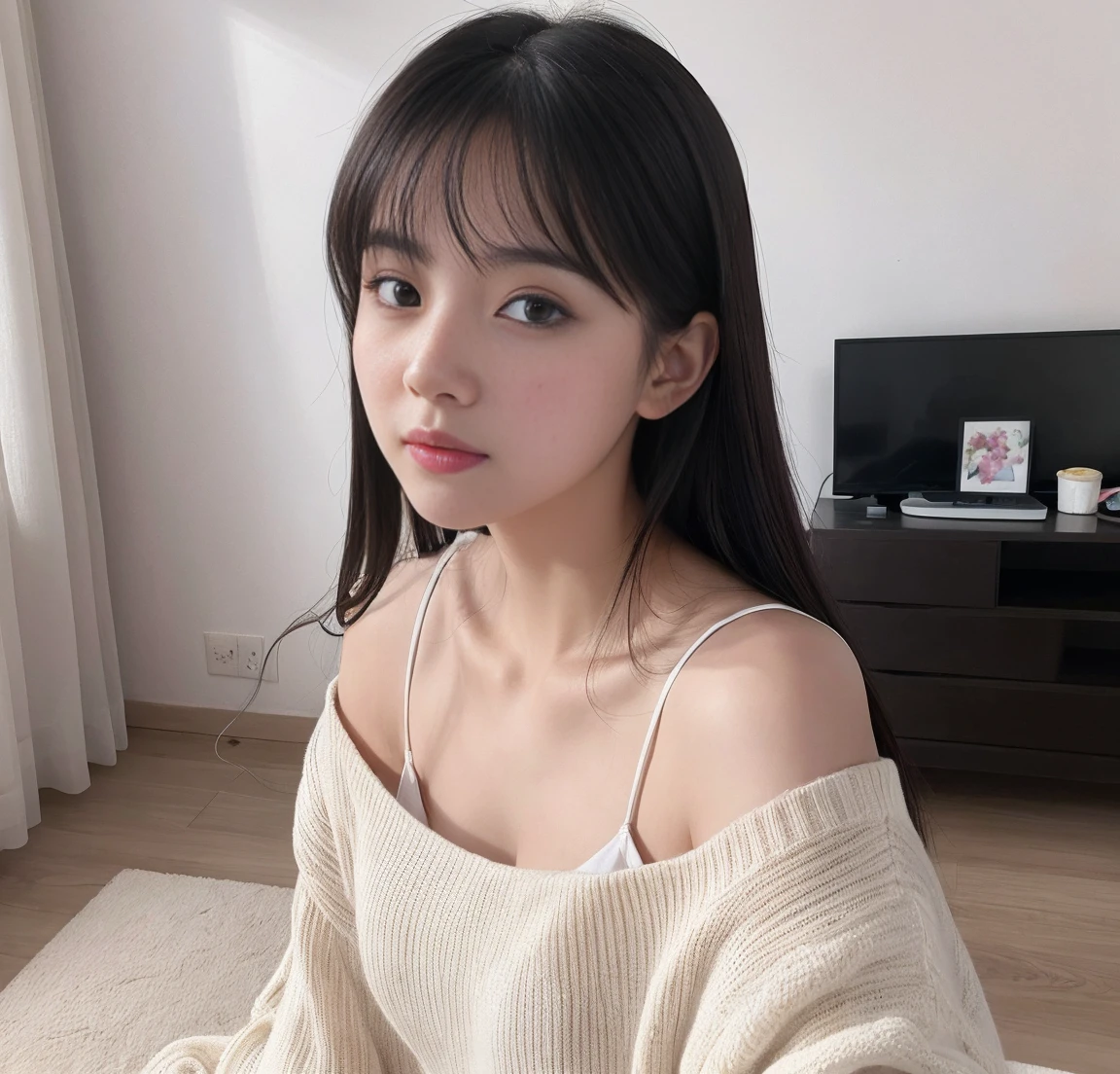 8k, ultra-detailed, physically based rendering, Kpop idol, bedroom, night, perfect skin, closed mouth, off-the-shoulder sweater, soft light