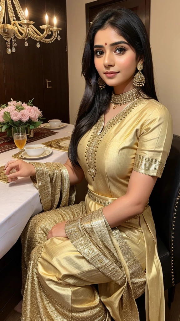A girl who is 30 years old is celebrating her birthday with many people.  Wearing Indian dress , detailed eyes medium brest simplicity ,
