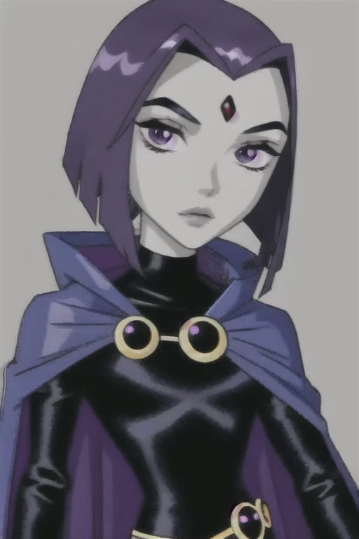 raven, 1girl, solo, purple eyes, purple hair, short hair, colored skin, grey skin, forehead jewel, black leotard, long sleeves, belt, blue cape, 