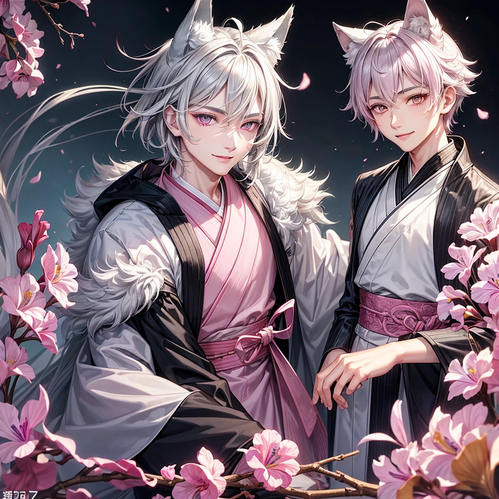 hybrid character with wolf ears, masculine and dominant, Wolfcut short gray hair, pink iris eyes, skin fair, gray hanbok clothes, mature appearance around 17 to 20 years old, gentle, smiling expression with youthful features , pink lips