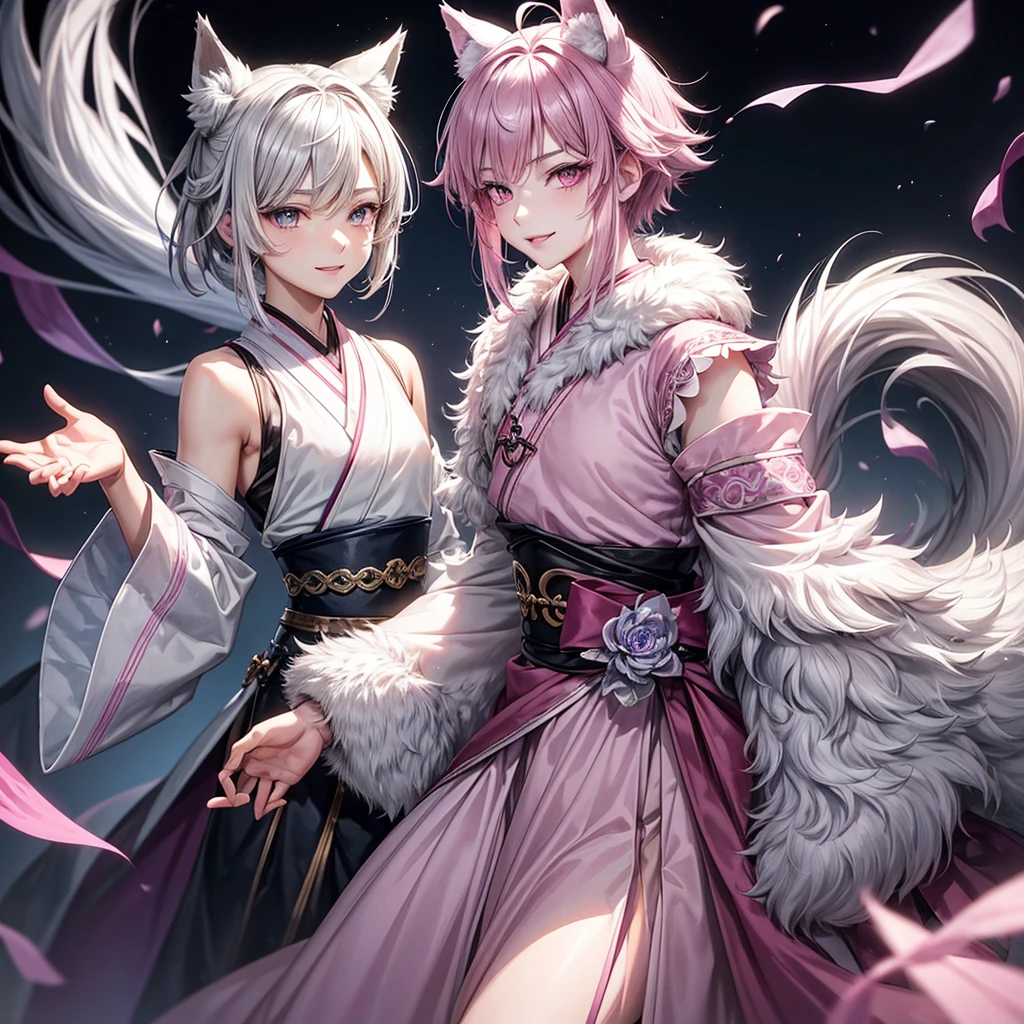 hybrid character with wolf ears, masculine and dominant, Wolfcut short gray hair, pink iris eyes, skin fair, gray hanbok clothes, mature appearance around 17 to 20 years old, gentle, smiling expression with youthful features , pink lips