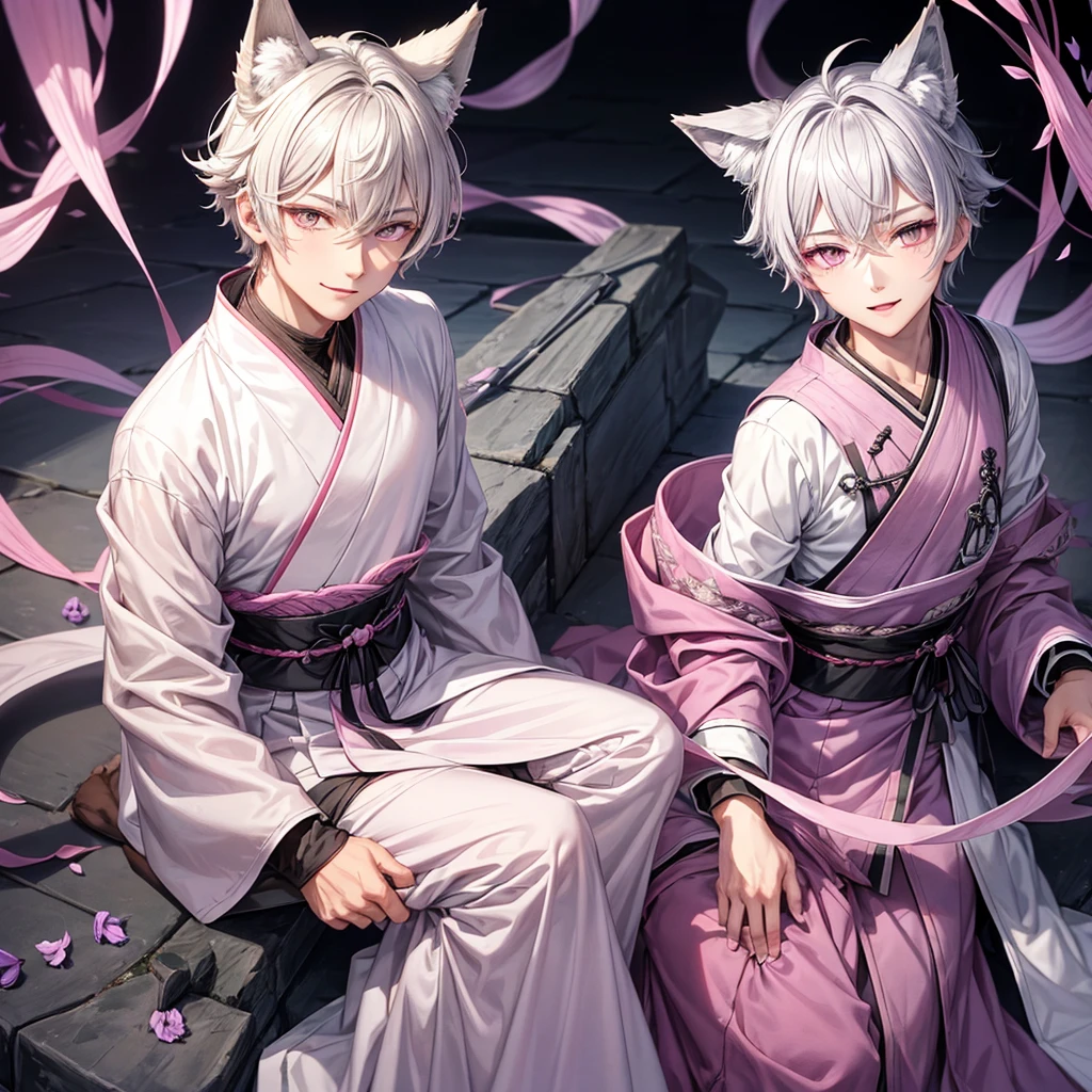 hybrid character with wolf ears, masculine and dominant, Wolfcut short gray hair, pink iris eyes, skin fair, gray hanbok clothes, mature appearance around 17 to 20 years old, gentle, smiling expression with youthful features , pink lips