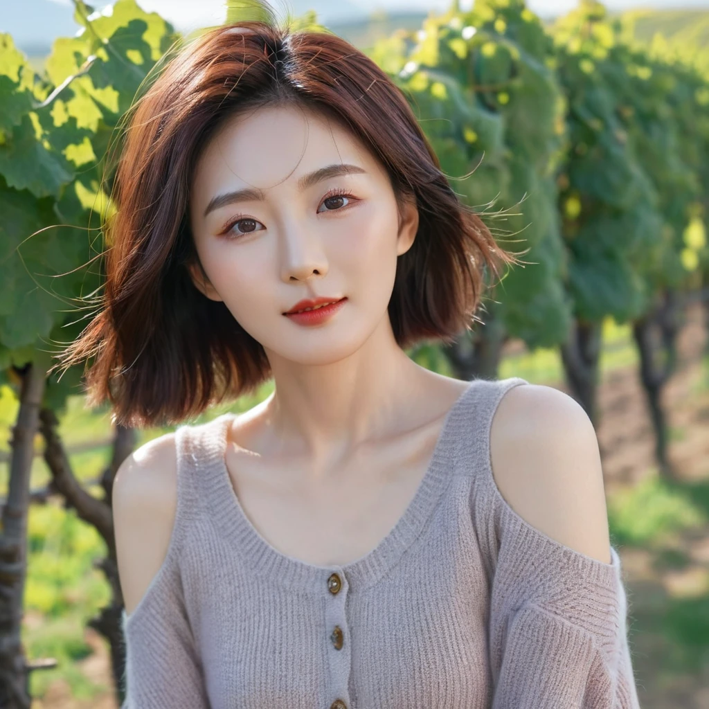 8k best picture quality, Beautiful 36-year-old Korean woman, My skin is good and my eyes are clear and pretty... clear and nice weather. Chest size 34 inches, italian countryside, past the vineyard, A cathedral can be seen in the fog in the distance.., The back background is realistic and vivid quality., Short and medium hair blowing in the wind, Wearing a luxurious luxury knit Light brush that covers your shoulders. casual pants, laugh. the background is clear, Short and slim Korean woman, stand far away, Photo taken with a wide-angle lens, 1 woman