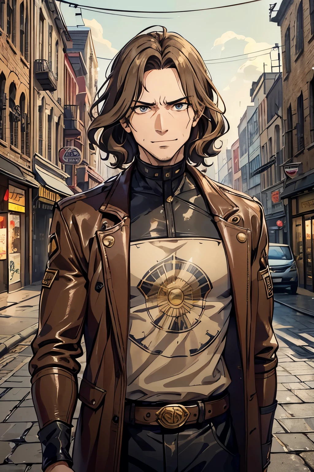 background character, one man, light brown hair, m hairline, spilt hairline, wavy hair, short hair, mid aged man, falcon eye shape, detailed eyes, intense stare, confident expression, evil smile, leather clothing, poor clothing, pawn clothes, dirty streets background, ancient brick city background