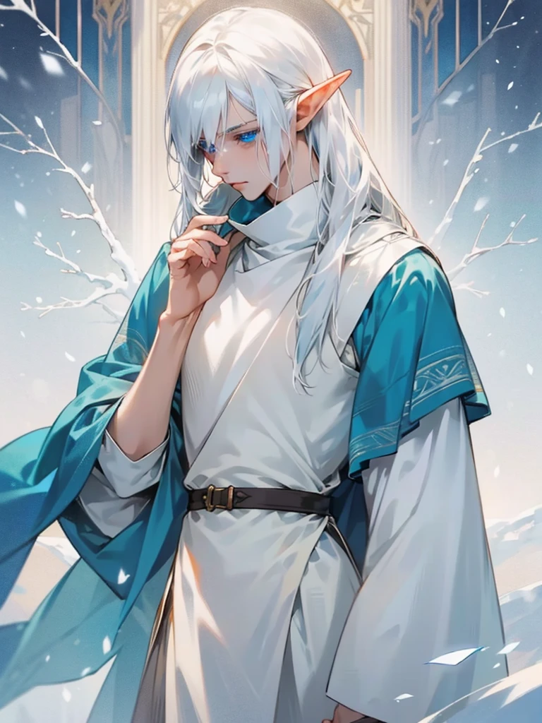 Male elf, thin masculine figure, long snow-white hair, light blue eyes, fair skin, helpless eyes, shy, slave.