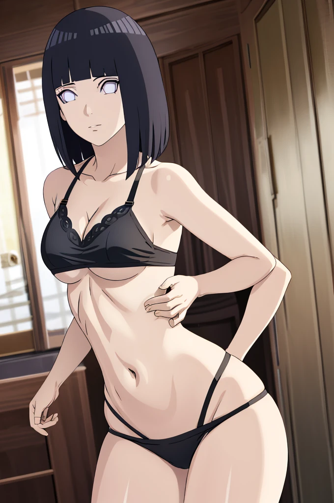 masterpiece, (intricate details), (colorful),cinematic lighting,extremely detailed CG unity 8k wallpaper ,hinata\(boruto\), 1girl,solo, large , (hinata, hyuuga hinata, purple eyes, blunt bangs, black hair) big brect breasts, large breound breasts, sy, slim waist, ps, skinnnice thighs, thick thighs, black bra, cleavage, bare shoulders, collarbone, undelim waist, white bikini, bikini, swimsuit, small bikini, plain background, cowboy shot, body shot, front shot, full body, white backdrop, perfect eyes, glowing eyes, beautiful eyes, black background, simple background, no background , body shot, hands on hip