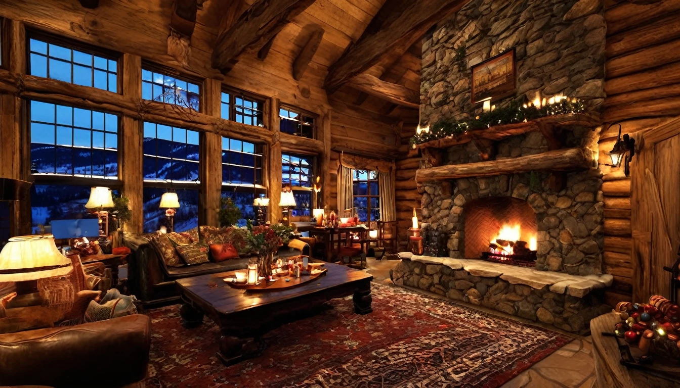 Create an image of a cozy, rustic interior with a roaring fireplace, plush seating, and large windows offering a stunning view of a snowy mountain village at night. The room should have wooden beams, stone accents around the fireplace, and be filled with warm lighting to contrast the cold, twinkling lights outside. Include details such as stacked firewood, decorative pillows, and a patterned rug to enhance the homely atmosphere.