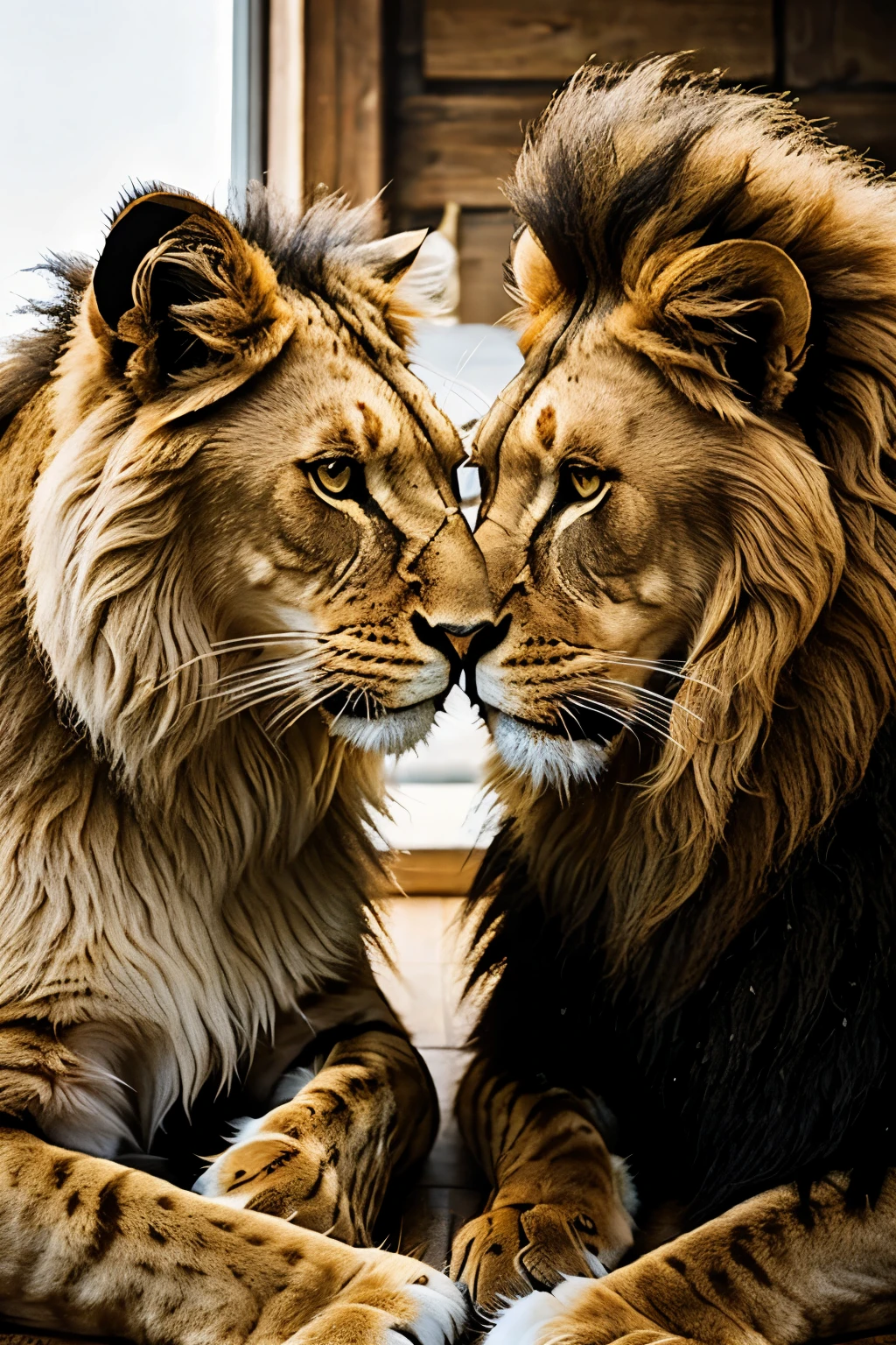 A lion and cat looking each other lovely