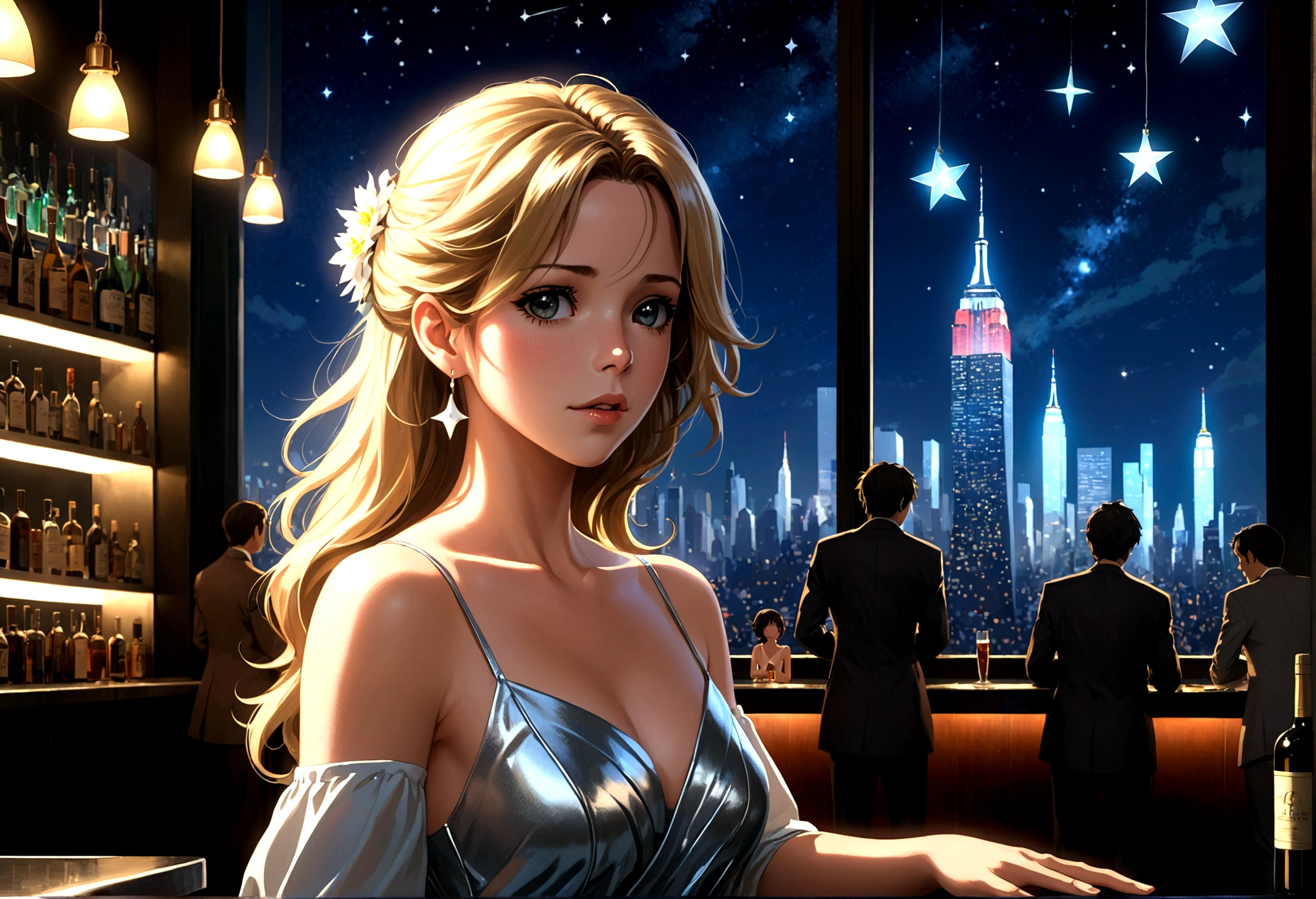 Uses Makoto Shinkai'The depiction is perfect,Portrait of Dua Lipa,8k 4k masterpiece photo ,new york,Glass ceiling jazz bar,I can see the twinkling stars through the glass window.,that'Outside in the dark night,Jazz is playing,Profile close-up,Beautiful profile,Calm expression,Semi-long hair,Blonde,Look in a different direction,Standing alone at the counter,silver dress,Large bust