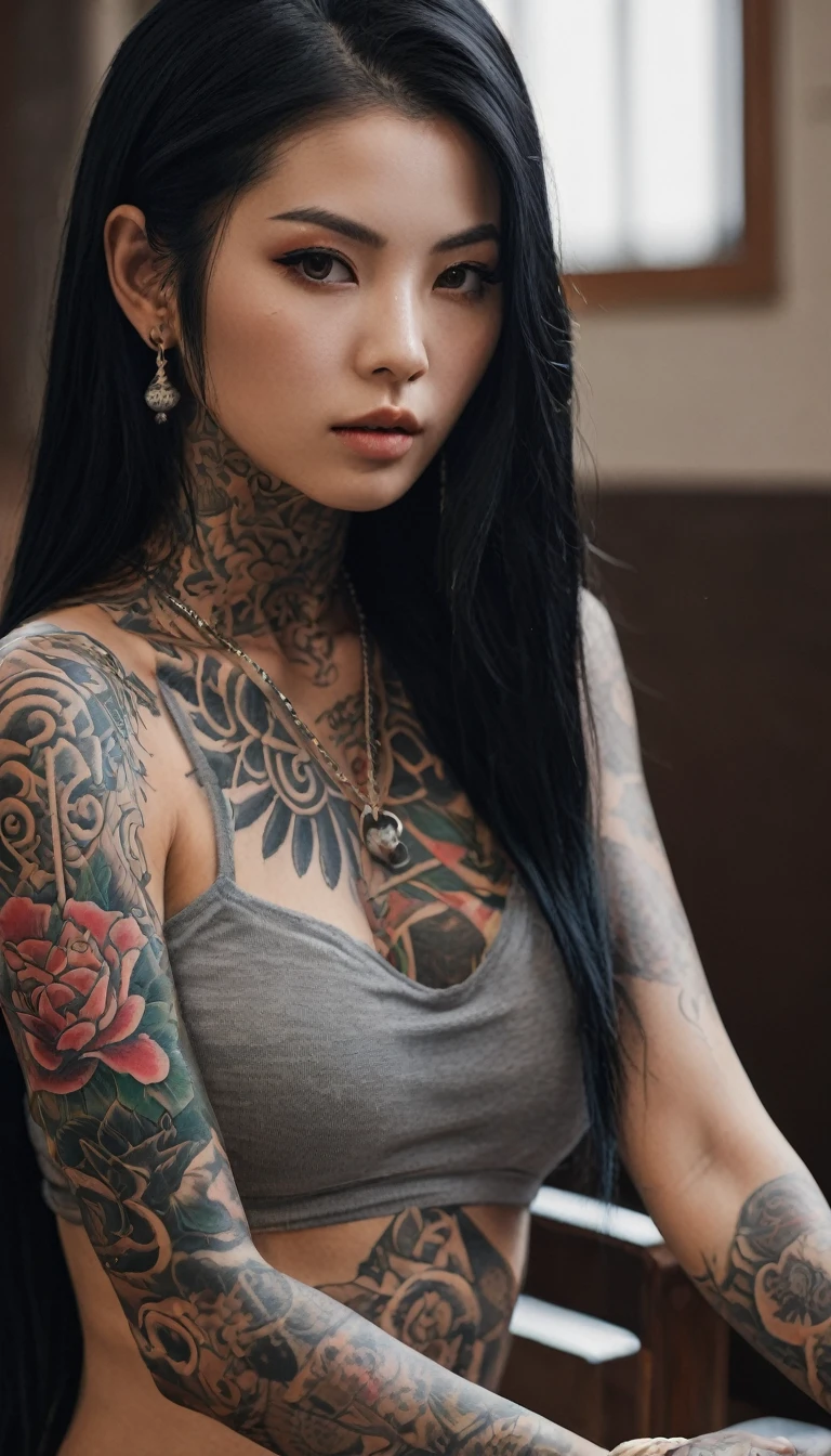 [[highly detailed face]], [[goddess face]], An Yakuza girl, showing all her tattoos, full body image, she is covered in tattoos, long black hair, high quality images, unreal engine, perfect skin texture, goddess face