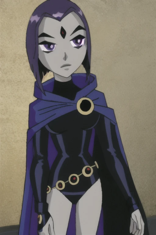 raven, 1girl, solo, purple eyes, purple hair, short hair, colored skin, grey skin, forehead jewel, black leotard, long sleeves, belt, blue cape, 