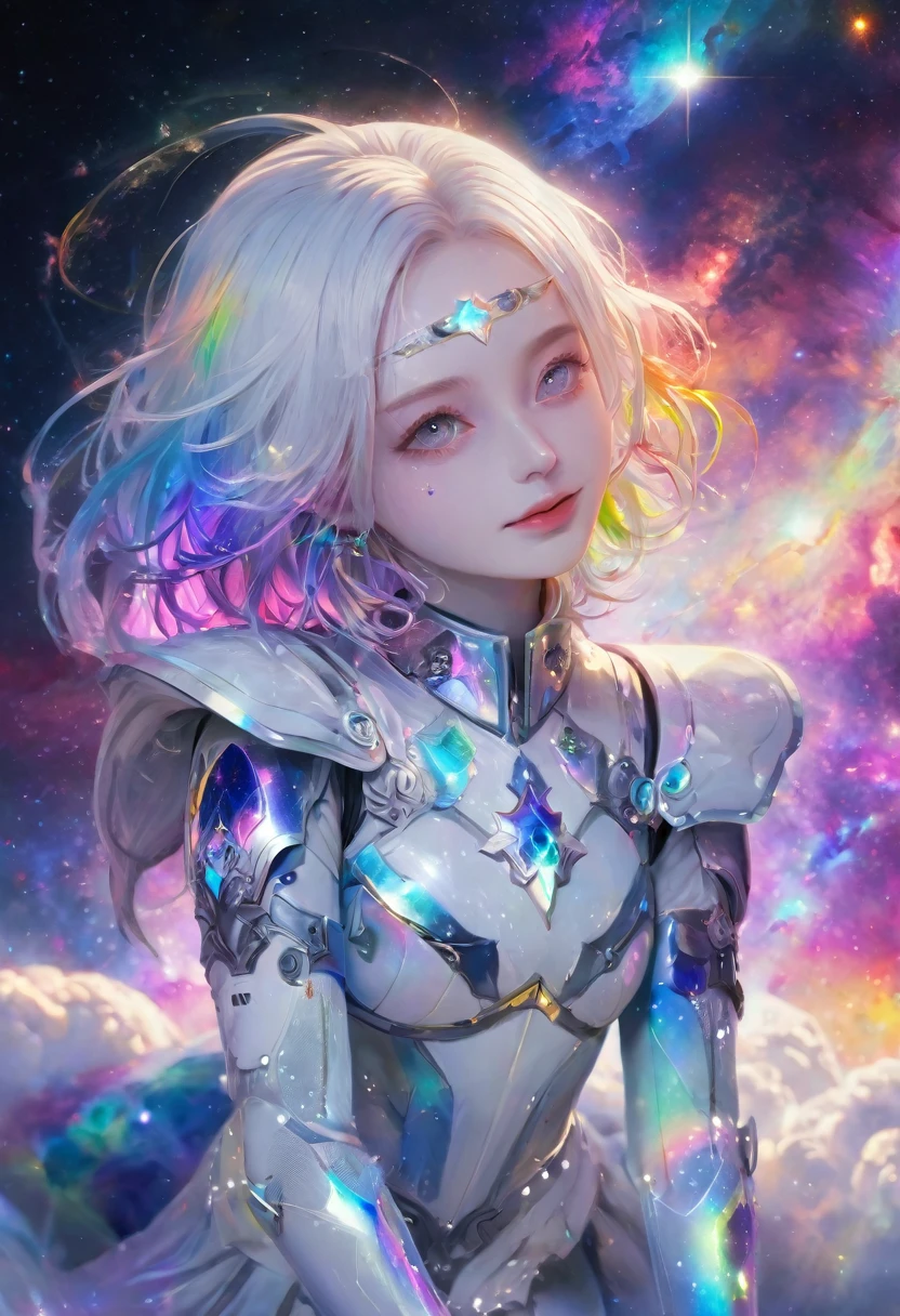 1 girl, rainbow colored hair,White exquisite armor, Rainbow colored cosmic nebula background, Star, galaxy, intricate details, White skin,masterpiece, best quality, current, Floating happily in space, luminescent, luminescent