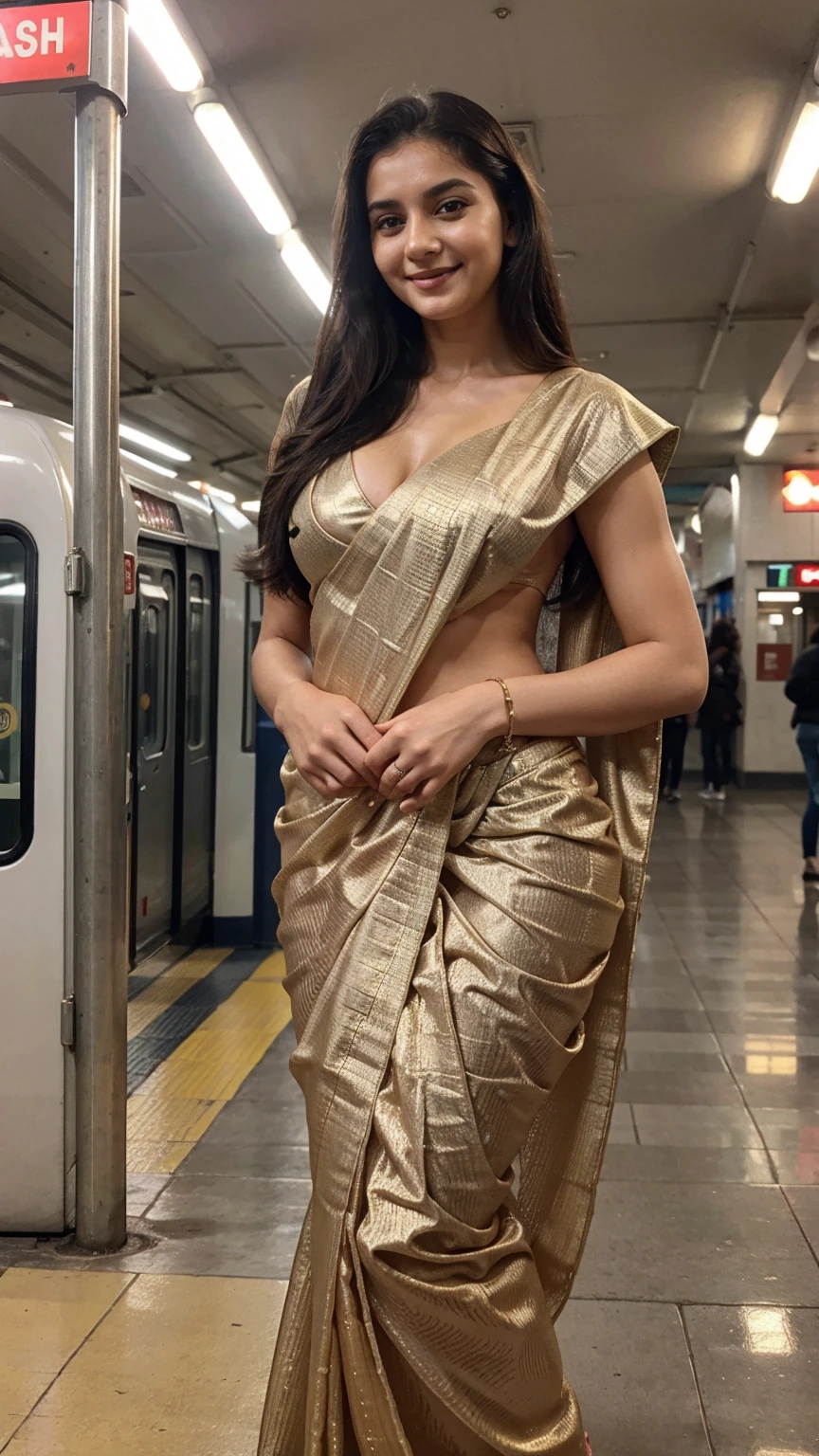 26 years old women Russian mature cute perfect face smiling big wearing sexy saree standing on metro station