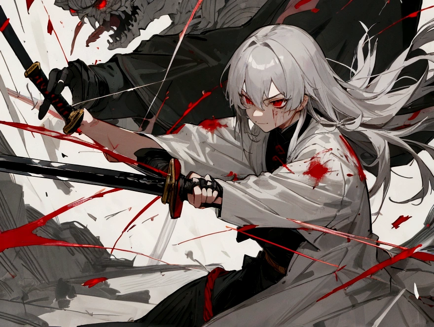 high quality,Just one person,knight鎧,Gray Hair,Long Hair, Seductive red eyes, Cool,knight,Western style,battle,Holding a sword,Naoken,Swordfighting,Extracting the Sword,Moving Pictures,Bleeding,Return blood,battlefield,break,Grit your teeth,kill,Slashing to death