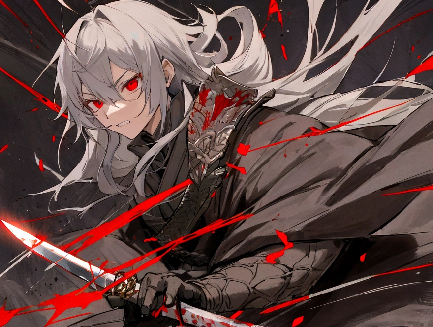 high quality,Just one person,knight鎧,Gray Hair,Long Hair, Seductive red eyes, Cool,knight,Western style,battle,Holding a sword,Naoken,Swordfighting,Extracting the Sword,Moving Pictures,Bleeding,Return blood,battlefield,break,Grit your teeth,kill,Slashing to death