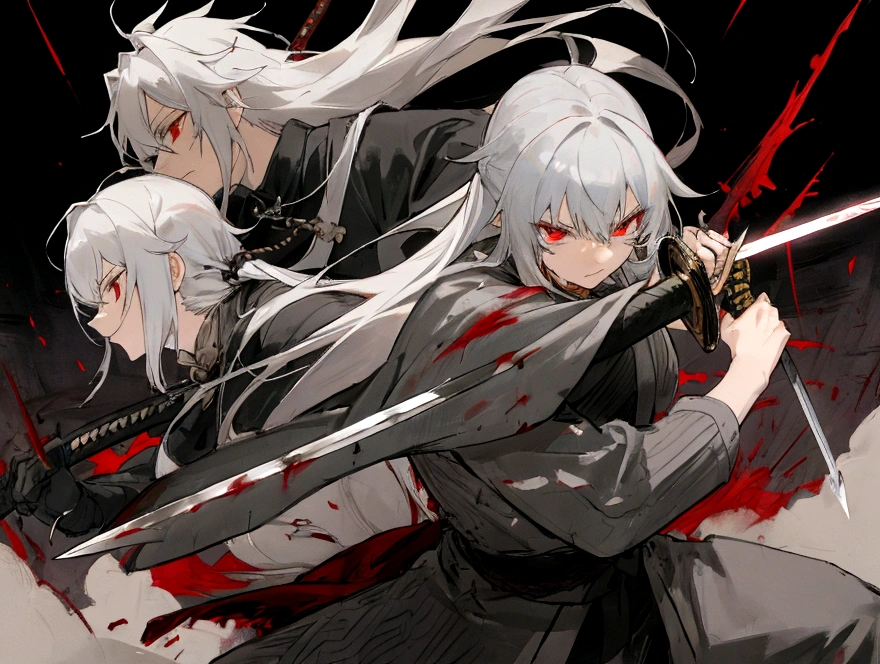 high quality,Just one person,knight鎧,Gray Hair,Long Hair, Seductive red eyes, Cool,knight,Western style,battle,Holding a sword,Naoken,Swordfighting,Extracting the Sword,Moving Pictures,Bleeding,Return blood,battlefield,break,Grit your teeth,kill,Slashing to death