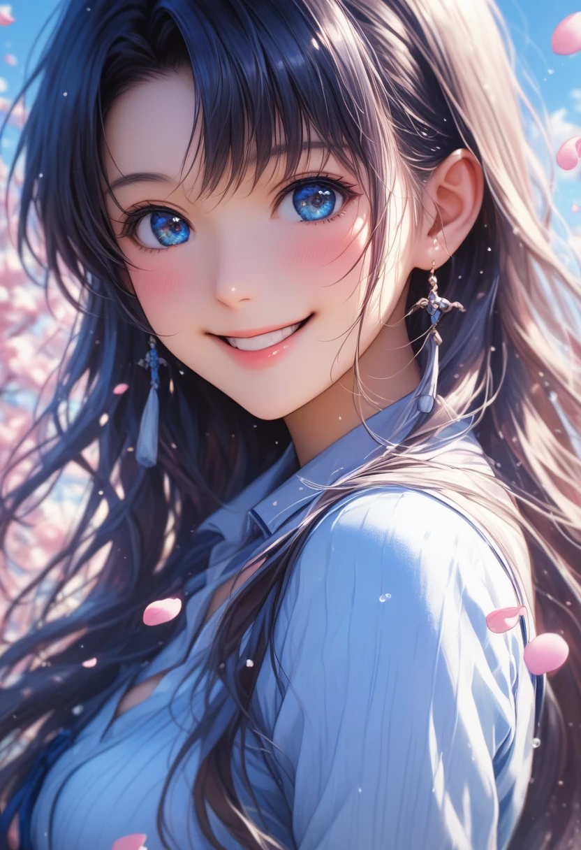 A cute Chinese girl wearing a blue short-sleeved shirt and a pink skirt、She has her long hair draped over her shoulders and is smiling at the camera.。The background is a sparkling watercolor mirror.、There is another person in front of me。Bright anime-style colors, Delicate facial features, smile, Fantasy Art Style, pastel colour, Digital Painting, Detailed anatomy, 超詳細なFantasy Art Styleの高解像度を備えたホログラフィック ルーム, Light blue petals on my cheeks, Anime style texture, whole body, Detailed Images, close-上, 32k resolution