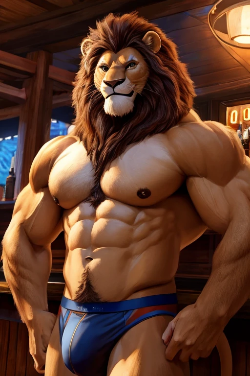 lion,male,aldult,Solitary,4K,Best quality,best quality,Looking at the audience,,Topless,,Bare chest,Fluffy tail,Chest muscles,Chest muscles,粉红nipple,nipple,Six-pack abs,Anatomically correct,Delicate fur,pride,Soft shadows,Majestic and detailed face,High quality eyes,Brown pupils,Black eyes,,,Grandiose,brave,Confident smile,Strong,Mature,underwear,bar,