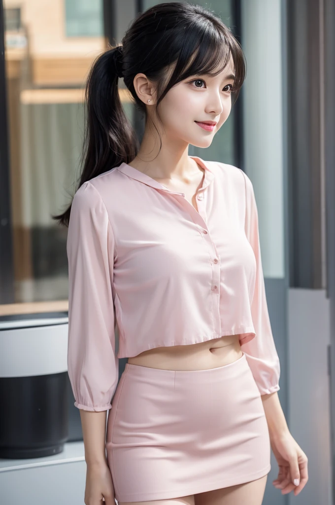 Light pink blouse,Tight mini skirt,28 years old,Married Woman,Black Hair,bangs,Straight Hair,ponytail,Dark Eyes,Small Face,Young face,Clean eyes,Small Mouth,slender,Young face,,D Cup,In town,live-action,Realistic photos,8K,Smile,Ultra HD,Standing posture,whole body