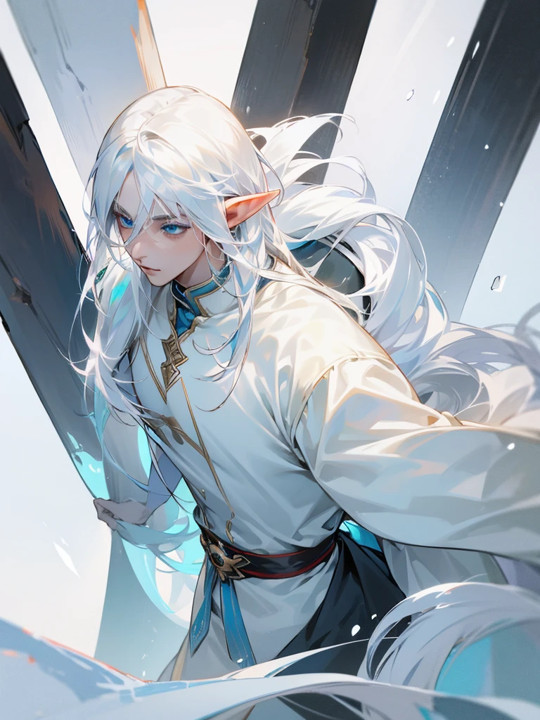 A male elf, thin masculine figure, long snow-white hair, light blue eyes, fair skin, helpless eyes, shy, slave.