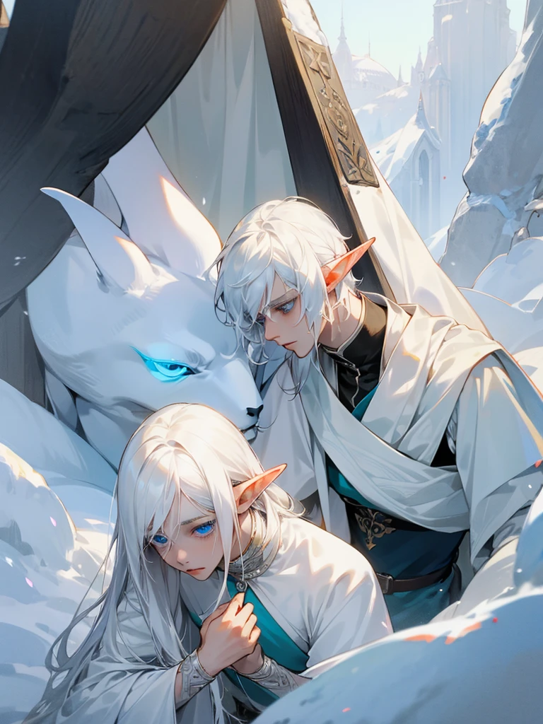 A male elf, thin masculine figure, long snow-white hair, light blue eyes, fair skin, helpless eyes, shy, slave.