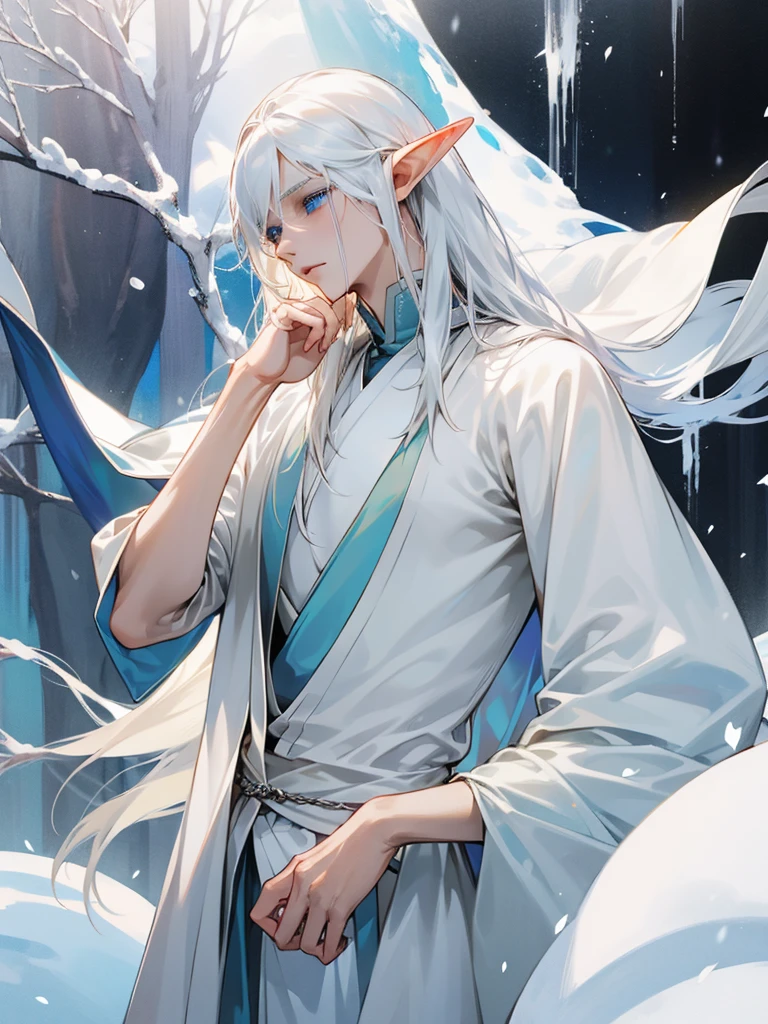 A male elf, thin masculine figure, long snow-white hair, light blue eyes, fair skin, helpless eyes, shy, slave.