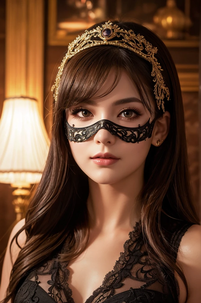 Create a full-body photo of a woman at a secret masquerade party. She is wearing an intricate Venetian mask and an elaborate costume, exuding elegance and mystery. Focus on her sophisticated appearance, highlighting her beautifully detailed eyes and lips. Ensure her face and features are meticulously detailed, with a complex mask design. The scene is set inside a bar with a modern interior and red lighting, creating a moody and enigmatic atmosphere. Use dramatic chiaroscuro lighting with rich shadows to enhance the cinematic quality. The lighting should be dim to emphasize the secretive feel. Ensure the image is of the highest quality, with 4k, 8k resolution, and a masterpiece level of detail. The style should be ultra-detailed, realistic, and photorealistic, with a rich, refined, and captivating color palette. Exclude any cold masks or mouth masks from the design.