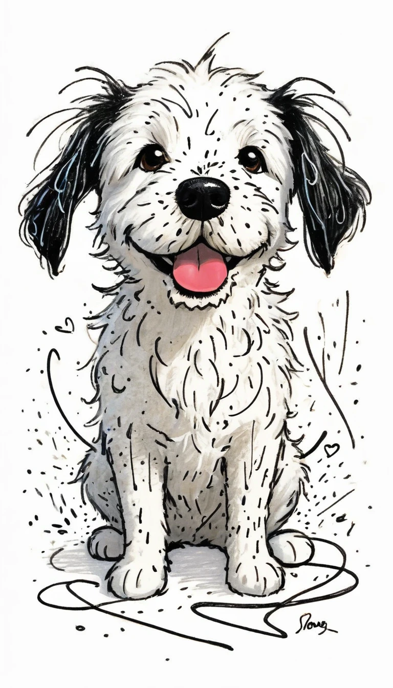 a cute dog drawn with messy scribbles,white background,by Bill waterson