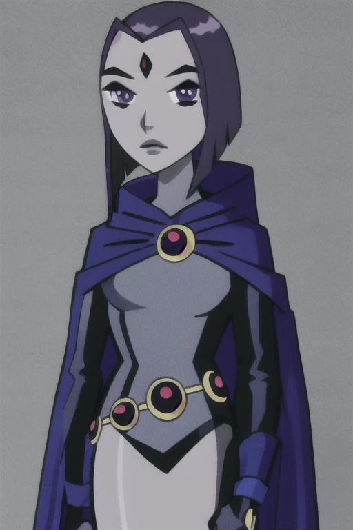 raven, 1girl, solo, purple eyes, purple hair, short hair, colored skin, grey skin, forehead jewel, long sleeves, belt, blue cape, blue cloak