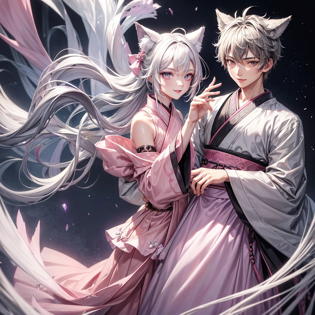 hybrid character with wolf ears, masculine and dominant, Wolfcut short gray hair, pink iris eyes, skin fair, gray hanbok clothes, mature appearance around  to 20 years olgentle, smiling expression with youthful features , pink lips