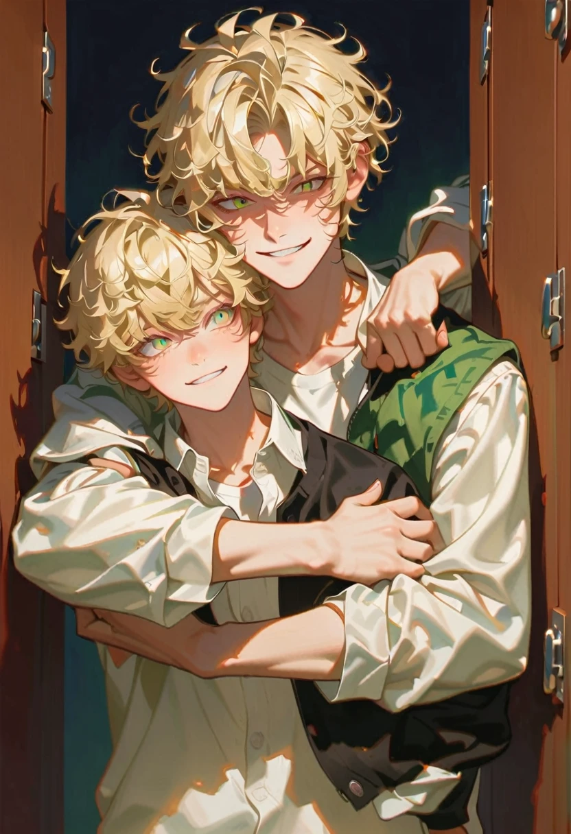 style9, boy, combed blonde hair, college jacket, cynical smile, carrying some lockers,
