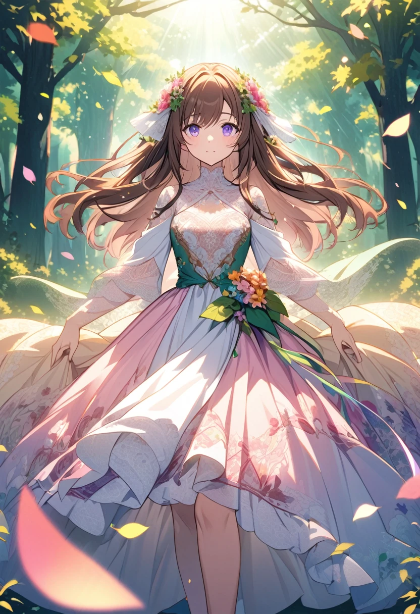 “Create an AI illustration of an anime-style character with brown long hair and purple eyes, adorned with floral decorations. The character wears a flowing dress with special lace detailing, transitioning from white to pink, decorated with flower patterns and petals and some green detail as if it's leafs, set against an ethereal forest background with beams of light filtering through the trees and floating colorful leaves.rainbow”