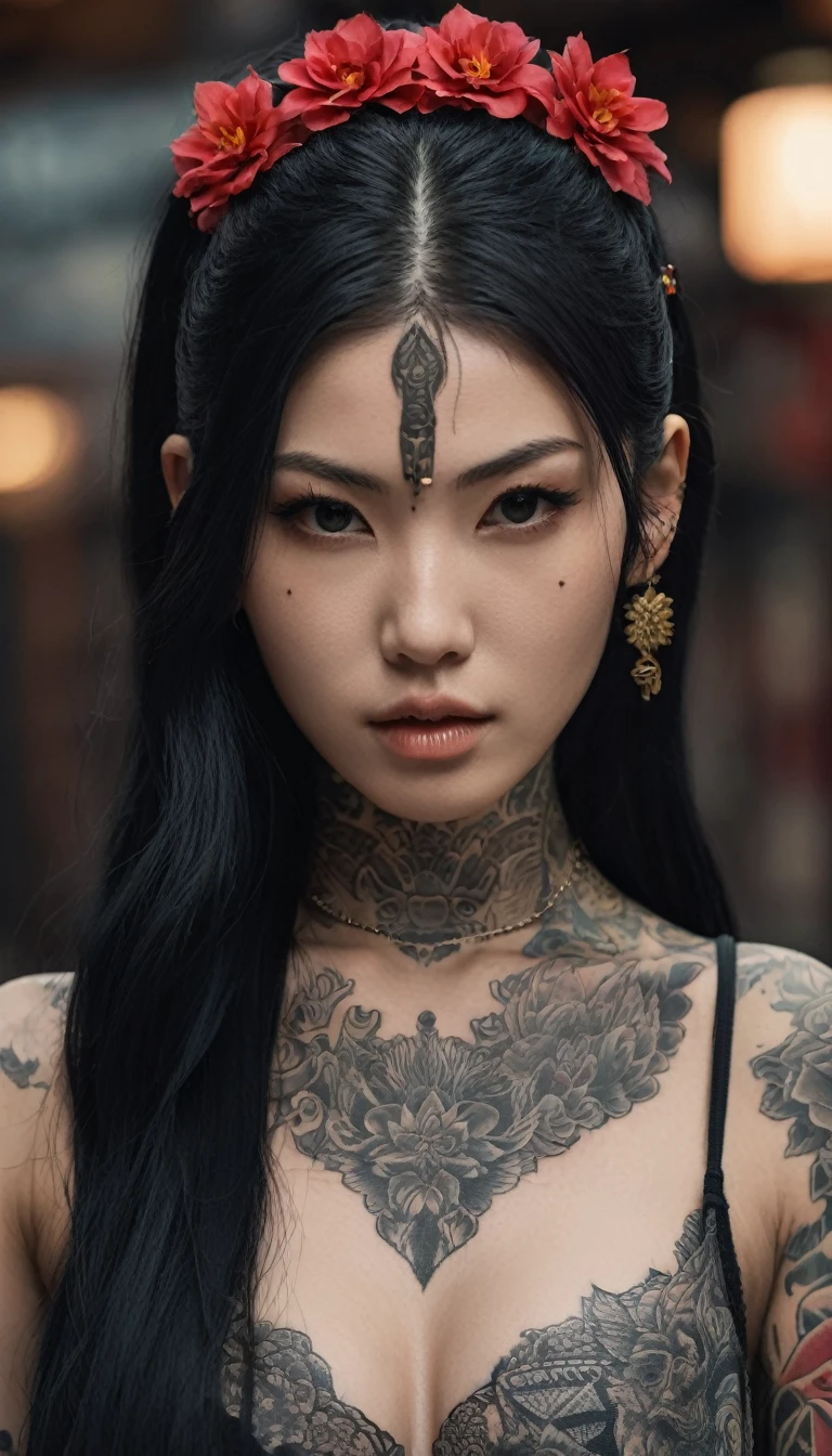 [[highly detailed face]], [[goddess face]], An Yakuza girl, showing all her tattoos, full body image, she is covered in tattoos, long black hair, high quality images, unreal engine, perfect skin texture, goddess face
