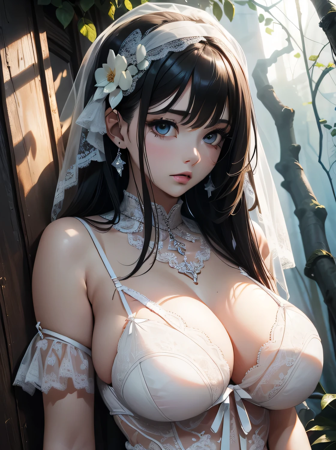 absurd good, 8K, high resolution, ultra detailed, beautiful, masterpiece, best quality, very pretty, sexy costume, woman, young, very pretty woman, sexy, (white lingerie:1.4), black hair, (up hair:1.5), sexy, detailed woman's face, very attractive, (very large breasts:1.2),