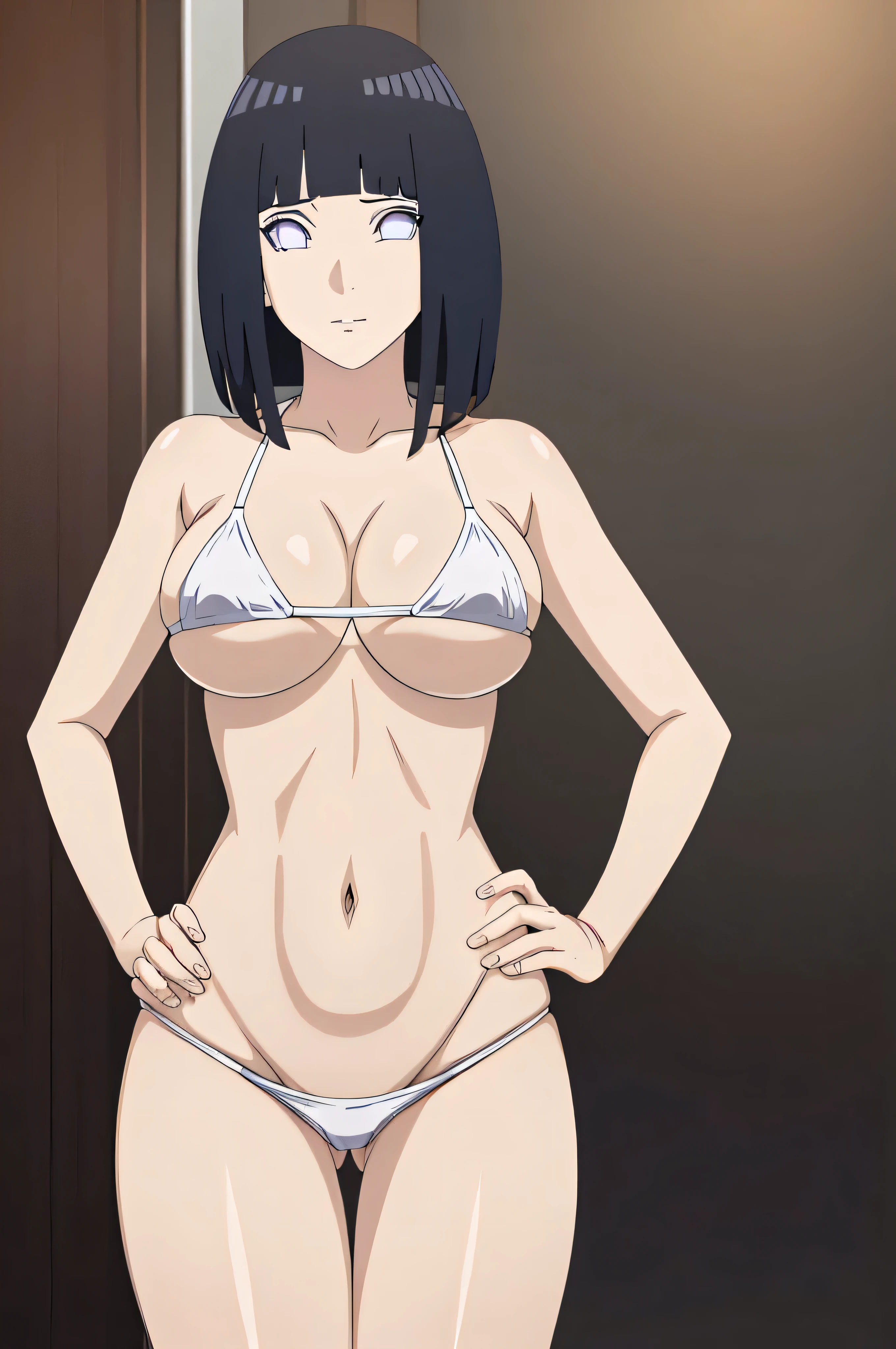masterpiece, (intricate details), (colorful),cinematic lighting,extremely detailed CG unity 8k wallpaper ,hinata\(boruto\), 1girl,solo, large breasts, (hinata, hyuuga hinata, purple eyes, blunt bangs, black hair) big breasts, perfect breasts, large breasts, round breasts, sexy body, slim waist, nice hips, skinny, nice thighs, thick thighs, black bra, cleavage, bare shoulders, collarbone, underboob, slim waist, white bikini, bikini, swimsuit, small bikini, plain background, cowboy shot, body shot, front shot, full body, white backdrop, perfect eyes, glowing eyes, beautiful eyes, black background, simple background, no background , body shot, hands on hip