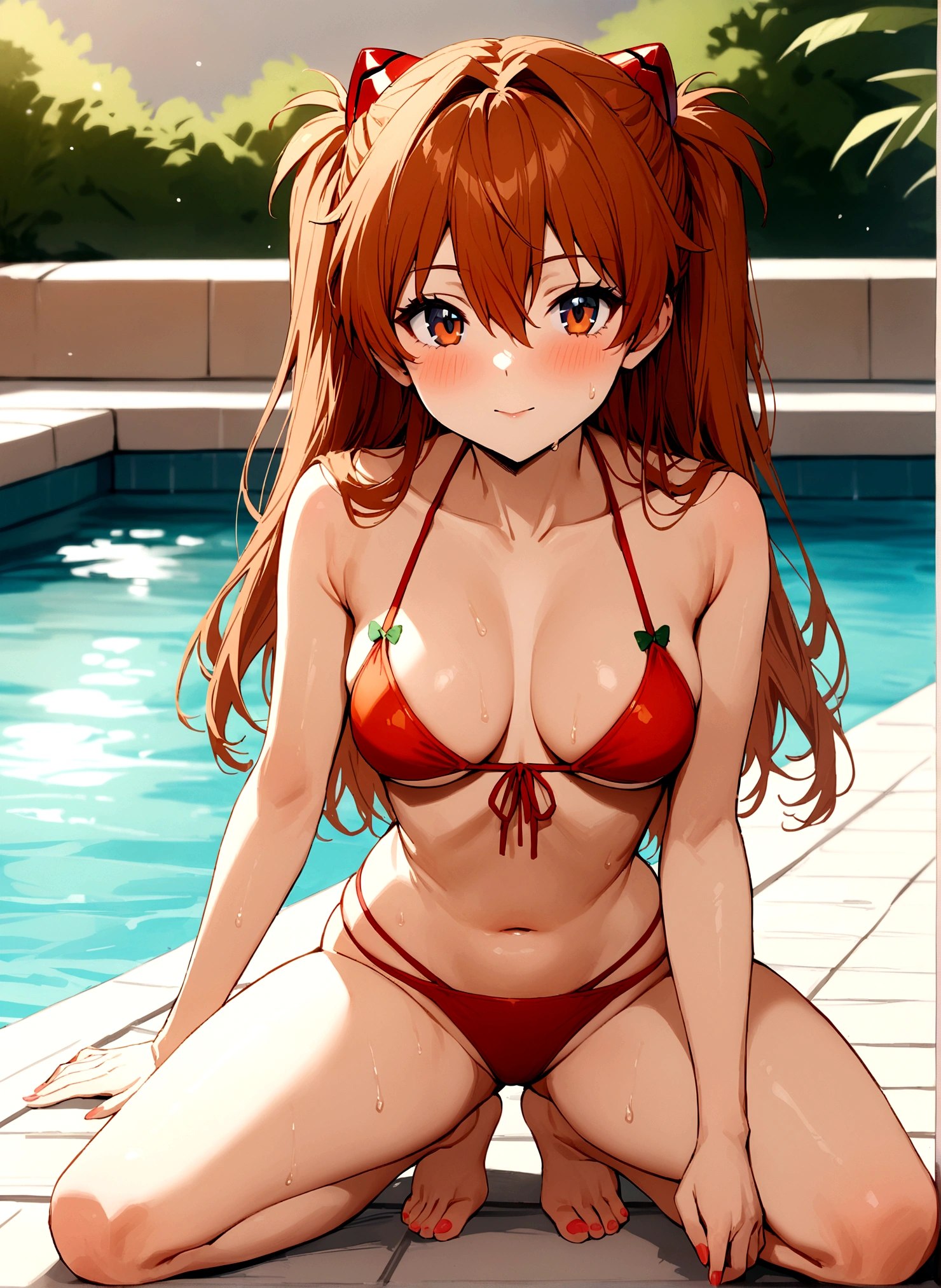 Masterpiece,best quality,Solo, from behind,Sakurauchi riko, long hair, blush, love scene, micro bikini, sitting on pool , exposed ass cheeks, uranohoshi ,thicc thighs ,sunset time 