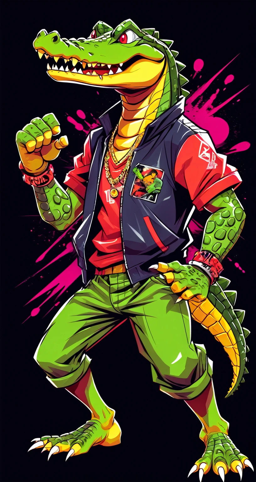 Fighting game style crocodile, Hip-Hop Style, t shirt design, flat-colors, vectorial art, ((black backdrop)) . dynamic, Vibrant, full of action, detailed character design, reminiscent of fighting video games
