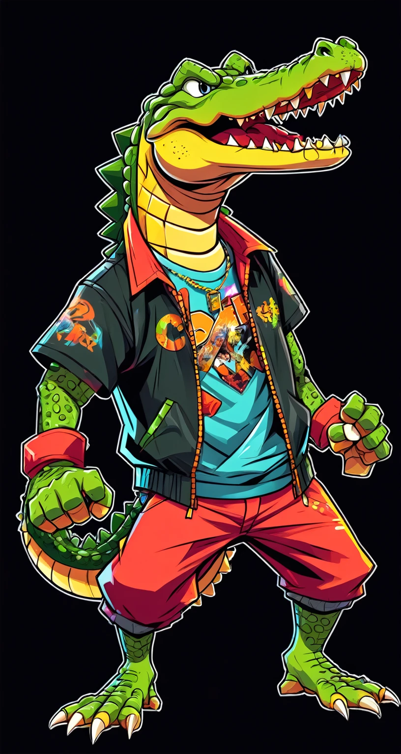 Fighting game style crocodile, Hip-Hop Style, t shirt design, flat-colors, vectorial art,  ((black backdrop)) . dynamic, Vibrant, full of action, detailed character design, reminiscent of fighting video games