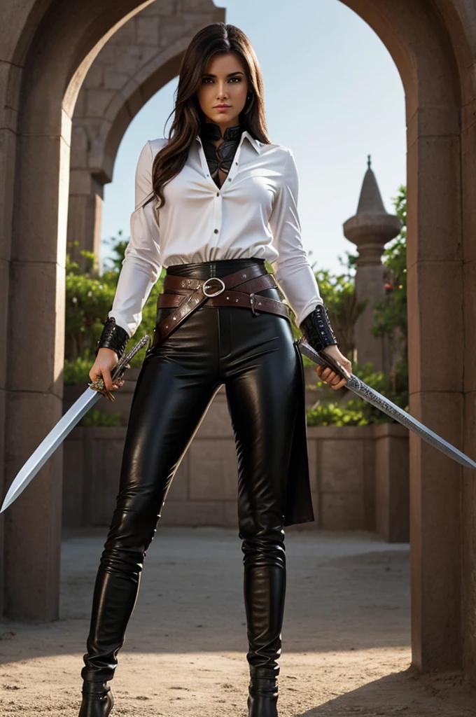 A gril from a fantasy world, in leather pants and a white blouse, with a sword 