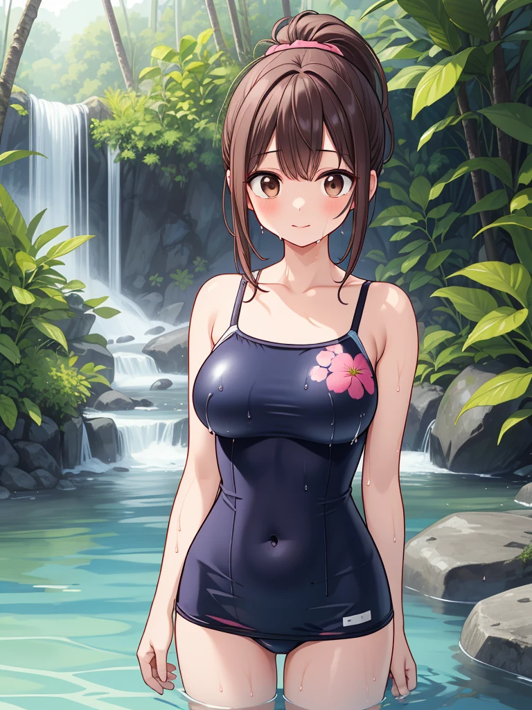 (masterpiece), best quality, (16k), expressive eyes, perfect face, lady, 1 girl, solo, large breast, navel, BREAK, ((pink floral print camisole swimsuit)), ((wet cobalt blue solid pencil mini skirt)), bare arms, bare legs, shiny skin, wet body, BREAK, outdoors, in the waterfalls jungle forest, wading, BREAK, brown hair, wet hair, Lower ponytail, brown eyes, :), BREAK, standing, (upper body), (from front),