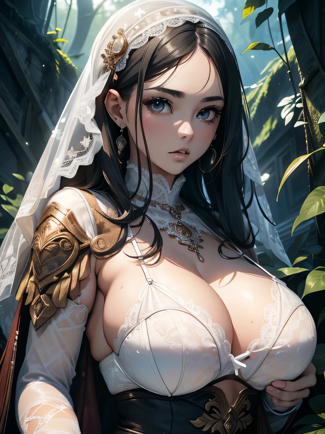 absurd good, 8K, high resolution, ultra detailed, beautiful, masterpiece, best quality, very pretty, sexy costume, woman, young, very pretty woman, sexy, (white lingerie:1.4), black hair, (up hair:1.5), sexy, detailed woman's face, very attractive, (very large breasts:1.2),