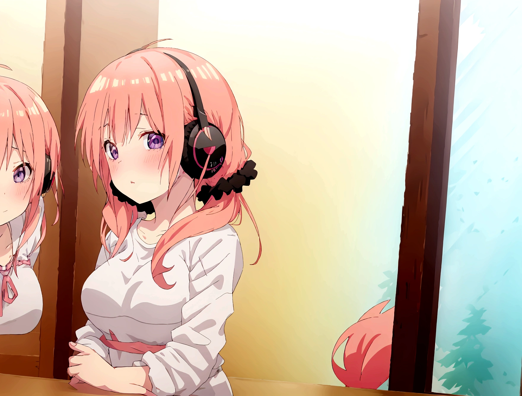 Anime girl wearing headphones and looking out the window at the city, light pink long hair, Lo-fi Girl, Kaisei and Artgelm, Anime atmosphere, Lofi Artstyle, Anime Style 4k, Anime Aesthetics, Lo-fi feeling, Lofi Art, anime art wallpaper 4k, anime art wallpaper 4k, anime wallpaper 4k, An atmosphere of praise, Emotional cityscape