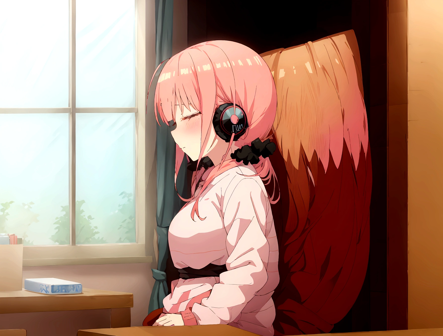 Anime girl wearing headphones and looking out the window at the city, light pink long hair, Lo-fi Girl, Kaisei and Artgelm, Anime atmosphere, Lofi Artstyle, Anime Style 4k, Anime Aesthetics, Lo-fi feeling, Lofi Art, anime art wallpaper 4k, anime art wallpaper 4k, anime wallpaper 4k, An atmosphere of praise, Emotional cityscape