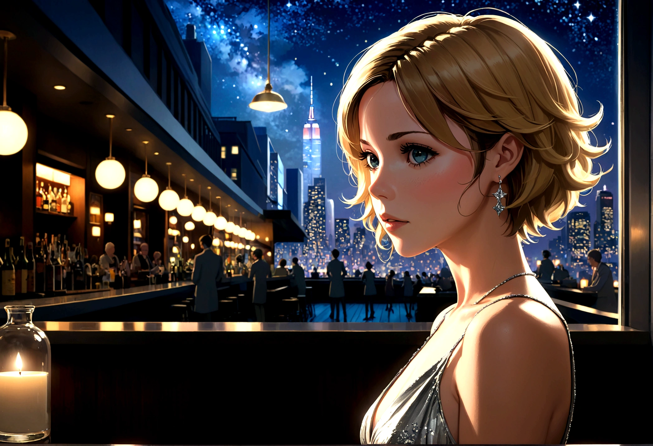 Uses Makoto Shinkai&#39;The depiction is perfect,Portrait of Kate Beckinsale,8k 4k masterpiece photo ,new york,Glass ceiling jazz bar,I can see the twinkling stars through the glass window.,that&#39;Outside in the dark night,Jazz is playing,Profile close-up,Beautiful profile,Calm expression,short hair,Blonde,Look in a different direction,Standing alone at the counter,silver dress,Large bust