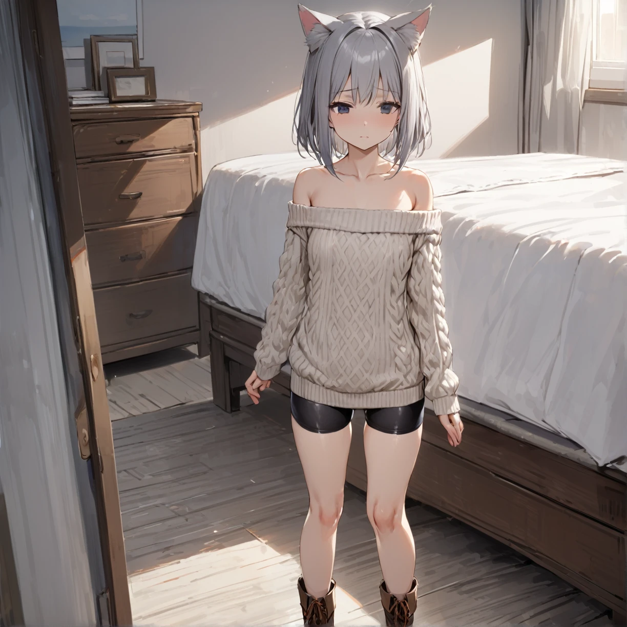 masterpiece, One girl, emotionless, White \(blue archiine\), Are standing, Medium chest, Gray Hair, Animal ears, Bike Shorts, Knitted sweater, Exposed shoulders, Cowboy boots, in, indoor, Bedroom  