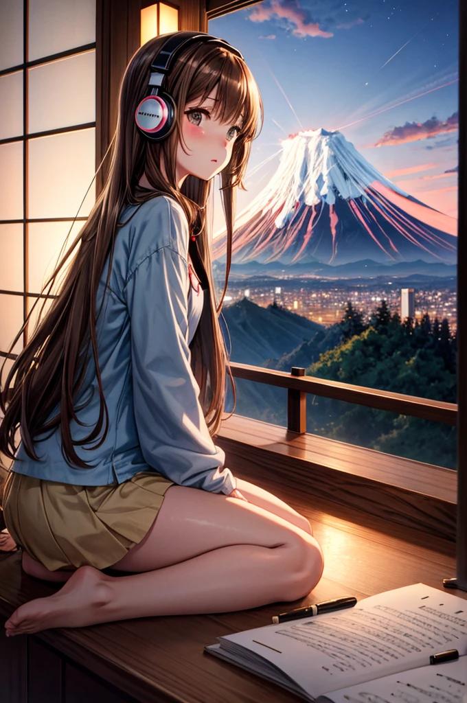Lo-Fi Research, girl, write, ~ ~ side, 日本人のgirl, Brown Hair, Medium Long Hair, Headphones, Summer clothes, window, mount fuji background, summer night