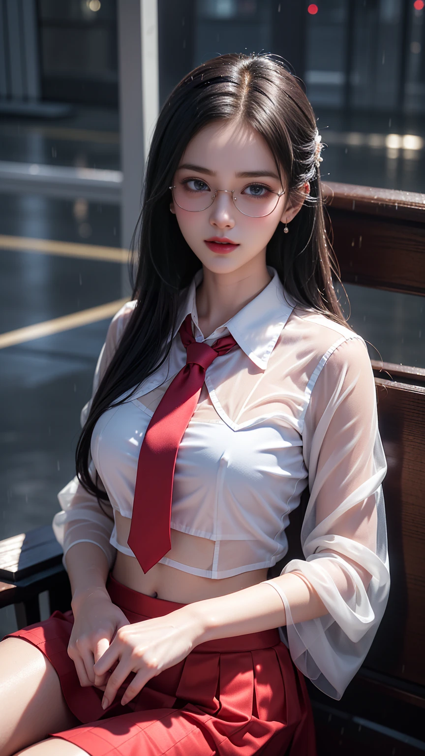 (RAW shooting, Photorealistic:1.5, 8K, Highest quality, masterpiece, Ultra-high resolution), Perfect dynamic composition:1.2, Night Street Corner, Looking up at the sky:1.3, (((Heavy rain from a typhoon))), Highly detailed skin and facial textures:1. 2, A slim high school girl wet with rain:1.3, Sexy beauty, Perfect Style:1.2, Aesthetic and beautiful, Fair skin, Very beautiful face, (Rain dripping all over my body:1. 2, Wet Hair:1.4, Wet Hair:1. 2）、Water droplets on the skin、（Medium chest、Chest gap）、（Shy laugh、The expression when feeling intense caressing、Facial expression when feeling pleasure）、（Beautiful blue eyes)、perfect body、Perfect fingertips（Girl sitting on train seat）、Highest quality作品、Live-action work、Ultra Premium Graphics、8K HD CG作品、High Quality Graphics、High-definition CG works、10x pixels、Ultra-fine details：1. 1、Advanced technical details：1.1、Photorealistic、室内Lighting Effects：1.5、Natural light：1.5。Lighting Effects（バーチャルLighting Effects：1. 8），（Golden white short hair），（Bob Hair），（close your eyes），（Thin eyebrows），（High nose），（Clean red lips），（Rose Cheeks），（Subtle makeup face），（Girl），（Cute face），（Perfectly balanced face），（Light-toned foundation），（Enhances the clarity of the skin）((Translucent wet white blouse、Red tie、Navy blue checked skirt)).（ Wet light blue bra、Pink nipples)、
40k, photograph, On the table, Highest quality, Rain Background, ((明るい髪Girl, She has a beautiful face and、Wear glasses, 