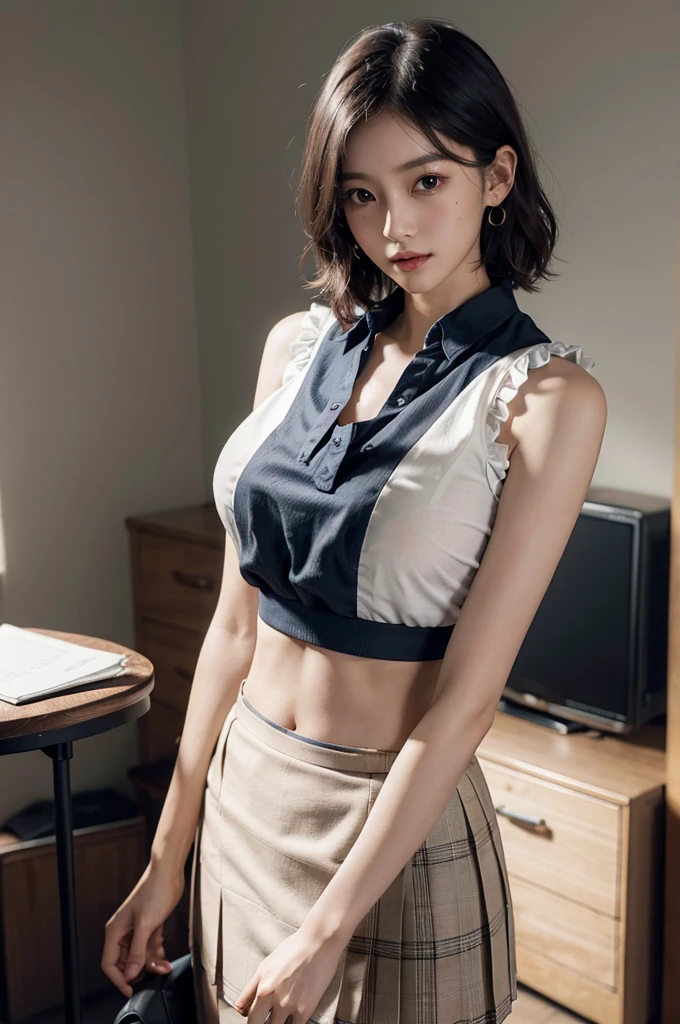 (very huge round breasts:1.3), (full body shot), (short hair, wavy hair), (school uniform, summer shirt, skirt, sleeveless:1.2), RAW photo, extremely delicate and beautiful, masterpiece, Best Quality, ultra high resolution, 16k, hyperrealistic, ultra-detailed, Very detailed CG 8k wallpaper, Beautiful Lighting, Perfect Lightning, Realistic Shadows, perfect anatomy, super Detailed shiny skin, perfect figure, Japanese woman, late 20s, very Slim body, narrow waist, very small head, handsome detailed woman, very detailed eyes and face, realistic face proportions, Stunning detailed eyes, Realistic beautiful face, very small face, Realistic small beautiful eyes, double eyelids, makeup, tearful mole, mole on chest, earring,
