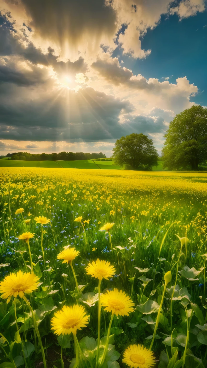 The sun shines through the clouds、A field full of blue flowers, A stream flows、sunny meadow, Overflowing with holy light, Yellow and green, Light of the sun, The Light of Life, Inspired by Phil Koch, Sunny landscape, Yellow and greens, green and yellow, Yellow glowing magic, Breathtaking composition, 黄色のLight of the sun, Less sunlight, Shades of yellow, Gentle field settings, Spring Morning